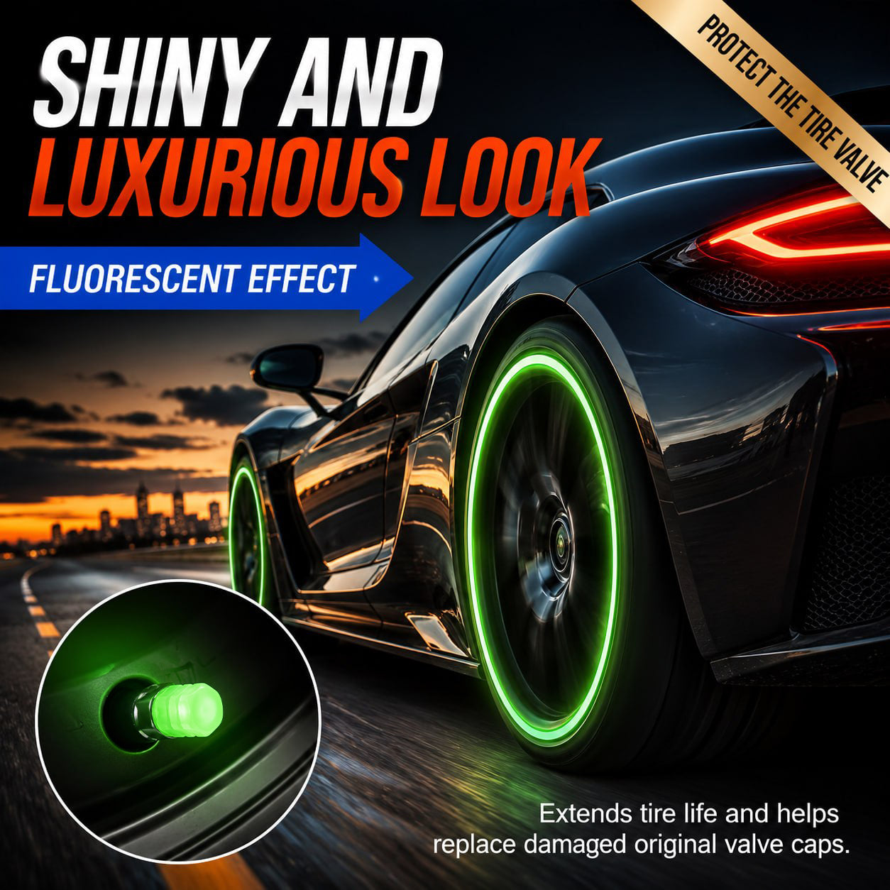 Last Day Promotion 60% OFF⏰ Glow-in-the-Dark Tire Valve Stem Caps｜Suck Light by Day, Glow by Night