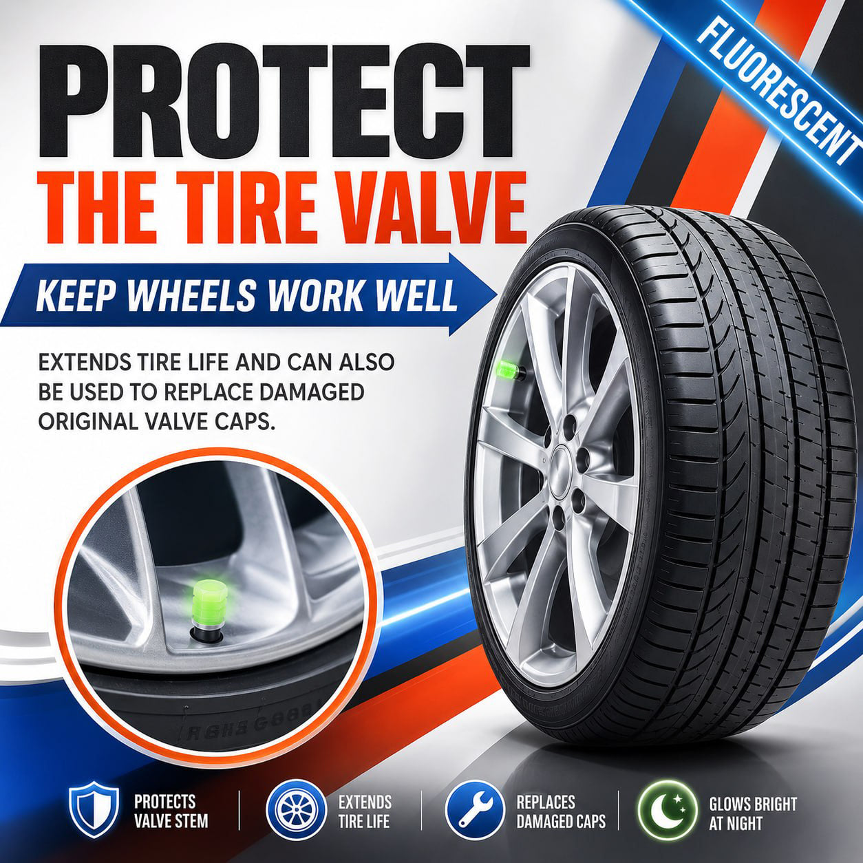 Last Day Promotion 60% OFF⏰ Glow-in-the-Dark Tire Valve Stem Caps｜Suck Light by Day, Glow by Night