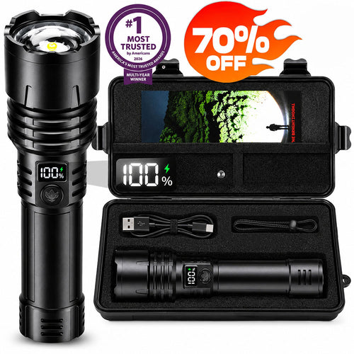 🔥BEST SALE 70% OFF + 🎁 2026 NEW Super Bright Ultimate Tactical Survival Flashlight · 3M+ SOLD · 80X Brightness · 120H Runtime · Military-Grade CREE LED