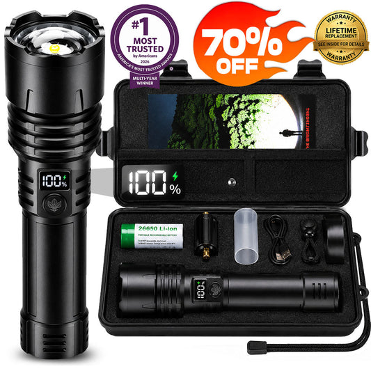 🔥EXCLUSIVE OFFER 70% OFF + 🎁 2026 NEW Super Bright Ultimate Tactical Survival Flashlight · 3M+ Sold Worldwide ️🏆 · 80X Brightness ·120H Runtime · Military-Grade COB LEDs Tech